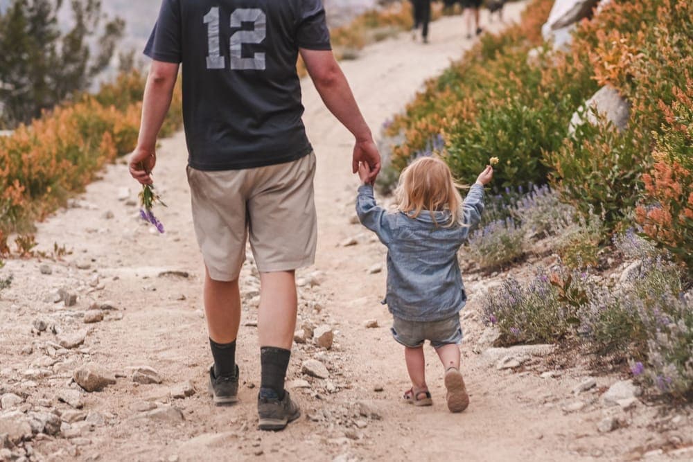 A father and young daughter walking hand in hand on a trail